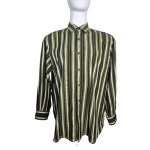 Tommy Bahama Silk/Wool Blend Green Striped Long Sleeve Shirt Men X-Large